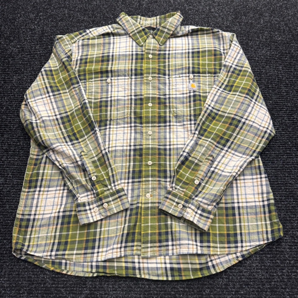 Carhartt Mens 2XL Relaxed Fit Plaid Button Down Shirt Green White Long Sleeve